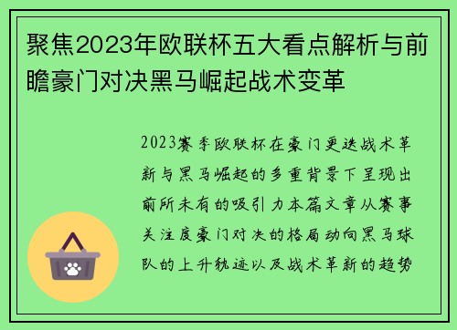 聚焦2023年欧联杯五大看点解析与前瞻豪门对决黑马崛起战术变革